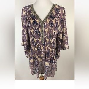 catherines purple beaded 3/4 sleeve print Tunic 0X 14/16